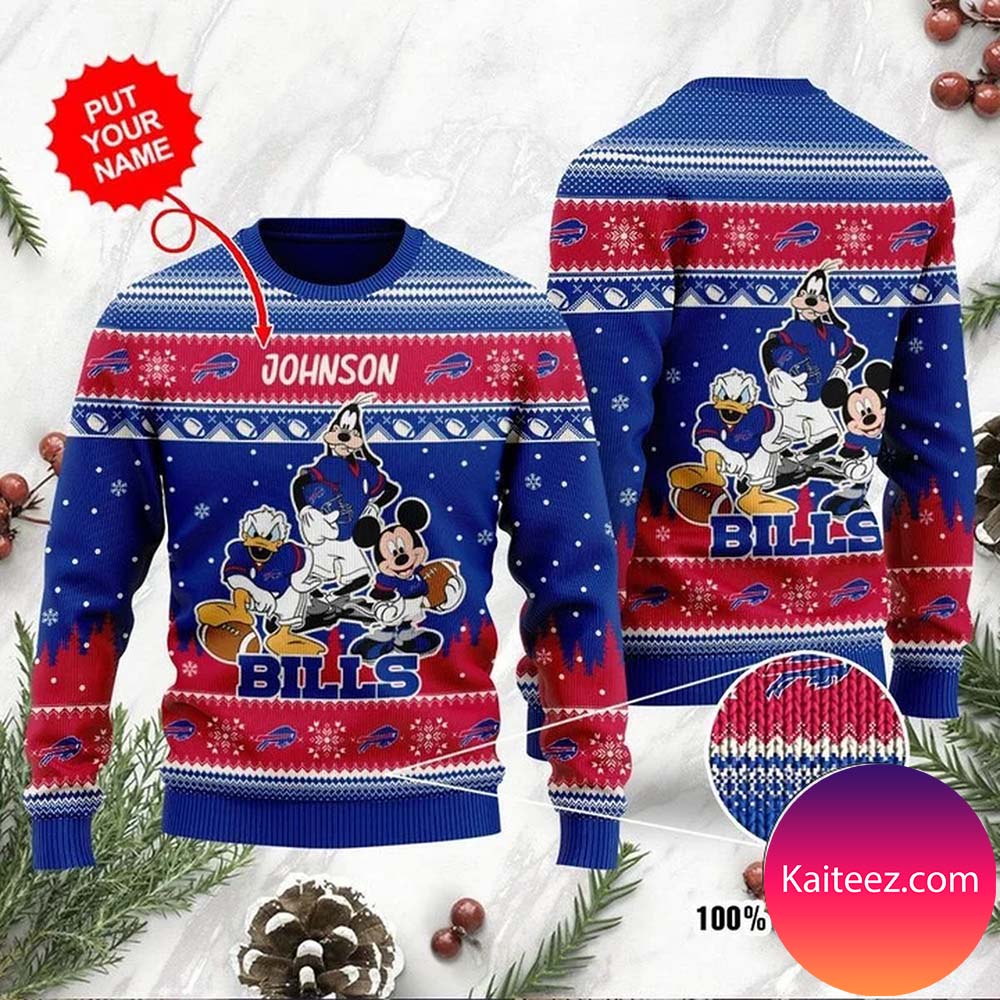 Buffalo-Bills-nfl-Disney-Donald-Duck-Mickey-christmas-ugly-sweater-custom-name