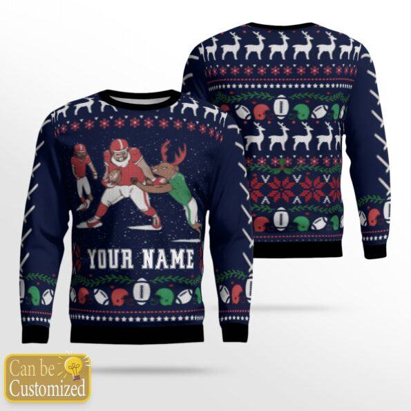 Santa-Football-and-reindeer-3D-Ugly-Christmas-Sweater-Personalized-Name