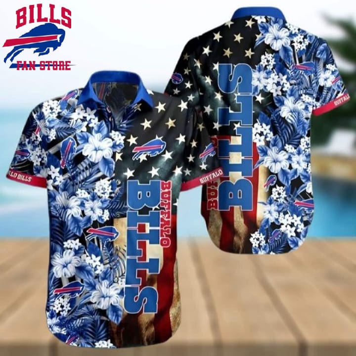 Buffalo Bills Hawaiian Shirt Hibiscus Flower And America Flag, NFL Hawaiian Shirt