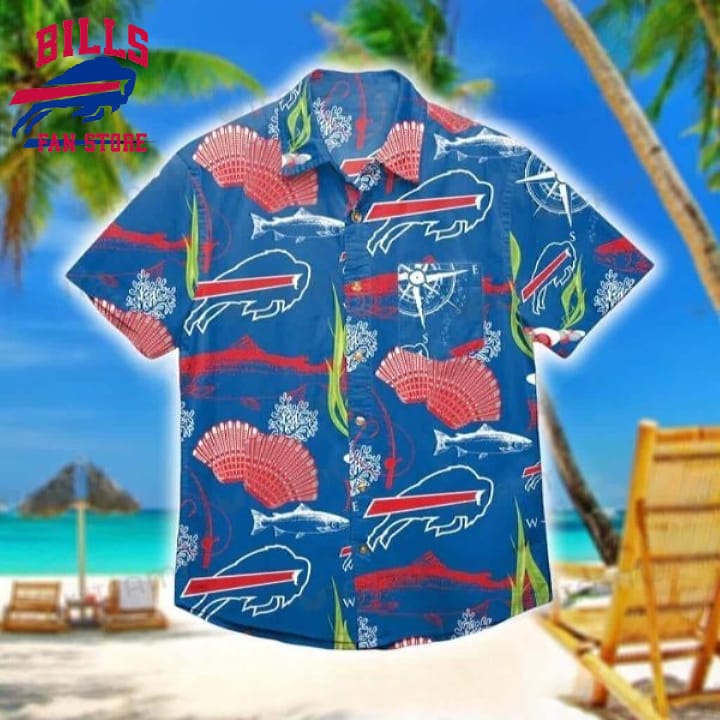 Buffalo Bills Hawaiian Shirt Scallops Coral Fish Pattern, NFL Hawaiian Shirt