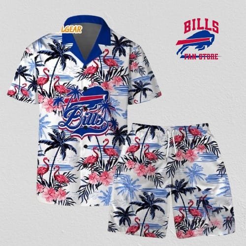 Buffalo Bills Football Team Logo Pattern Flamingo Hibiscus Summer Hawaiian Shirt And Beach Short