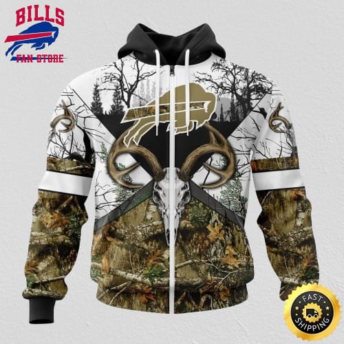NFL Buffalo Bills Zip Hoodie 3D All Over Print Deer Skull And Forest Pattern Custom Name And Number Hoodie