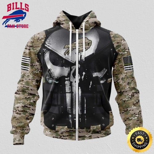 NFL Buffalo Bills Zip Hoodie 3D All Over Print Punisher Skull Cam Veteran Kits Custom Name And Number Hoodie