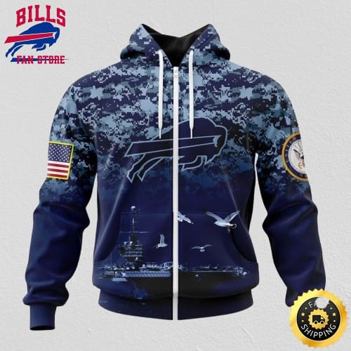 NFL Buffalo Bills Zip Hoodie 3D Honor US Navy Veterans Stylish Gear For Fans