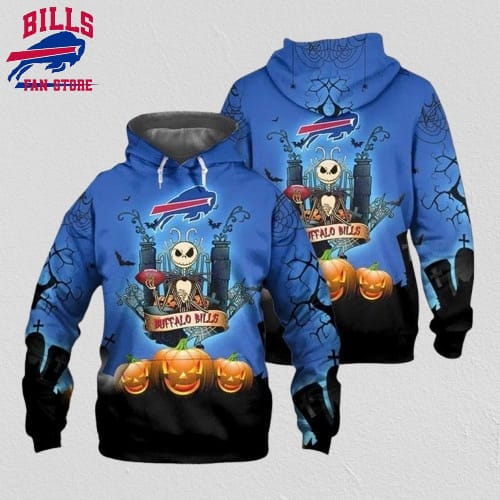 Buffalo Bills Halloween Jack Skellington With Pumpkin Super Bowl 3D Pullover Hoodie