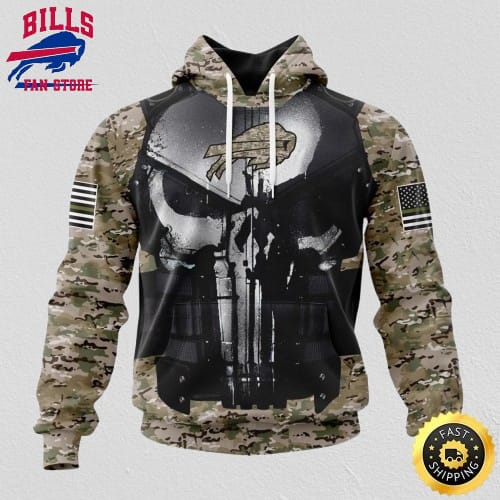 NFL Buffalo Bills 3D Hoodie All Over Print Punisher Skull Camo Veteran Kits Custom Name And Number Hoodie